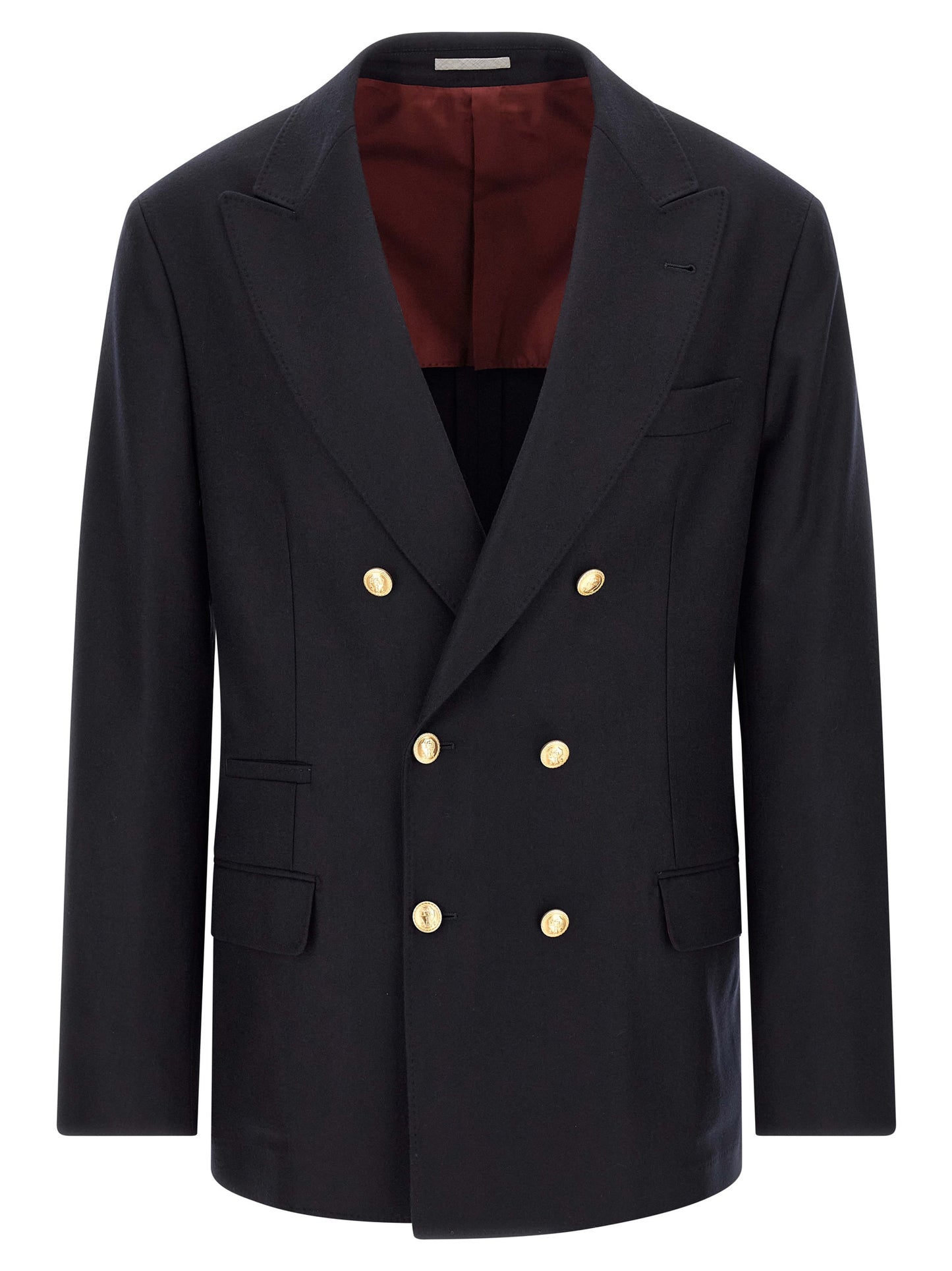 Blazer by Brunello Cucinelli for men in virgin wool burgundy, gold & navy features an stylish silhouette, showcasing a sophisticated and stylish for a truly stylish finish.