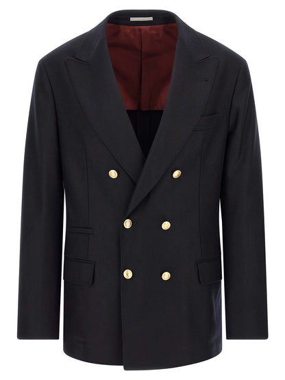 Blazer by Brunello Cucinelli for men in virgin wool burgundy, gold & navy features an stylish silhouette, showcasing a sophisticated and stylish for a truly stylish finish.