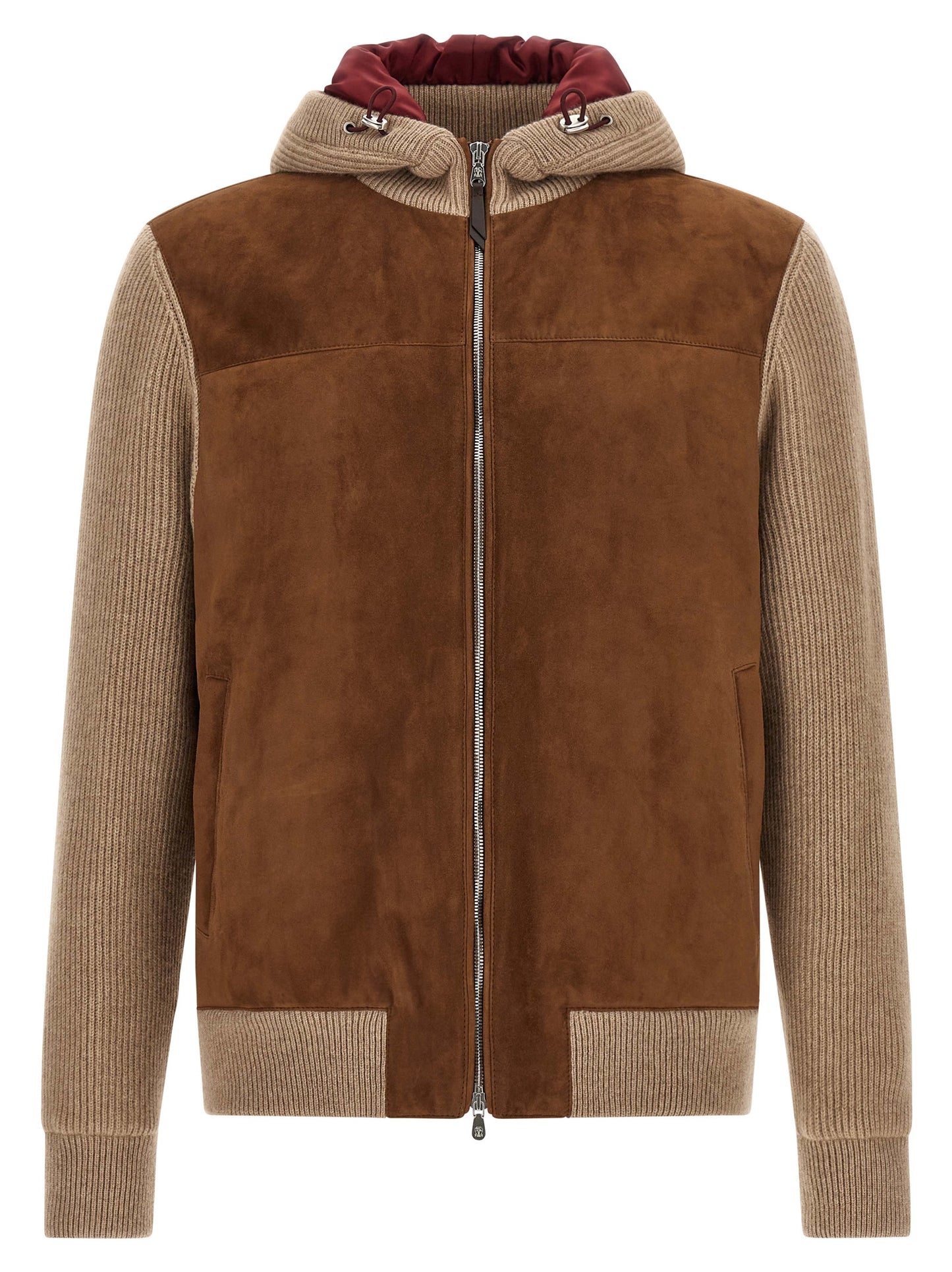 Hooded Bomber Jacket by Brunello Cucinelli for men in cashmere & suede lamb leather beige, brown & burgundy presents a effortlessly chic silhouette, showcasing a sophisticated hooded neckline and premium thermal, pockets & hooded for a truly effortlessly chic finish.