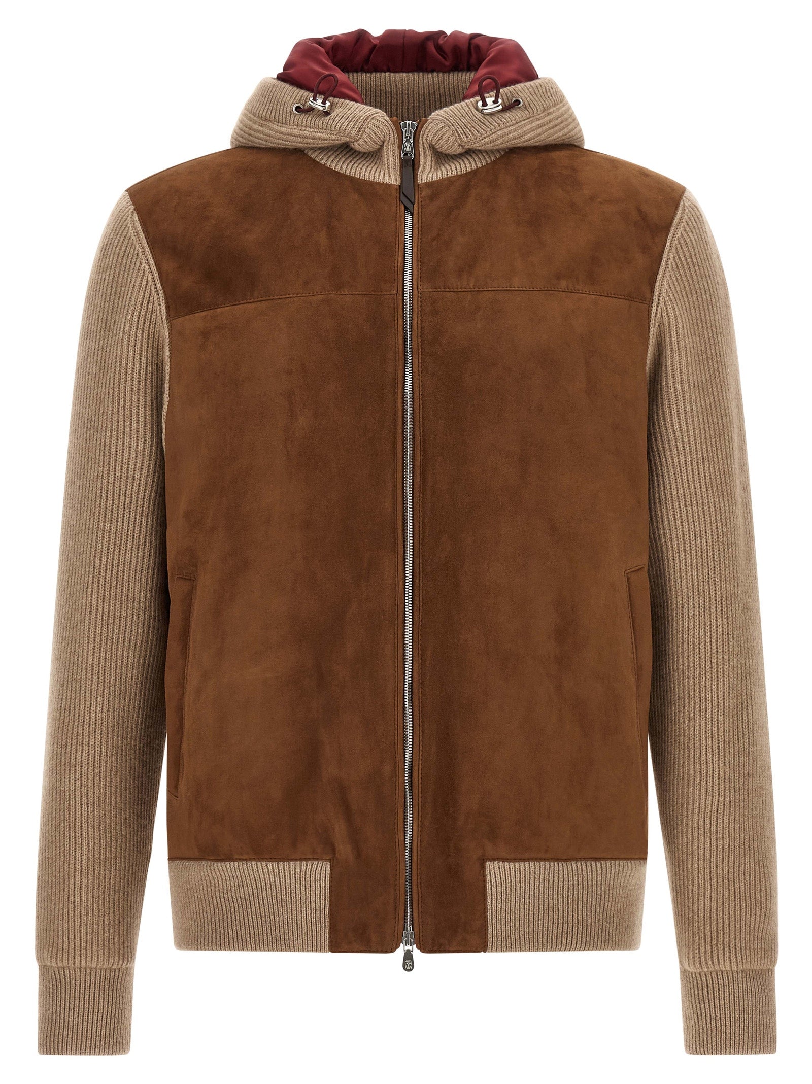 Hooded Bomber Jacket by Brunello Cucinelli for men in cashmere & suede lamb leather beige, brown & burgundy presents a effortlessly chic silhouette, showcasing a sophisticated hooded neckline and premium thermal, pockets & hooded for a truly effortlessly chic finish.