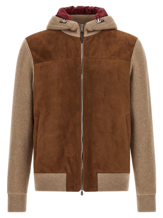 Hooded Bomber Jacket by Brunello Cucinelli for men in cashmere & suede lamb leather beige, brown & burgundy presents a effortlessly chic silhouette, showcasing a sophisticated hooded neckline and premium thermal, pockets & hooded for a truly effortlessly chic finish.
