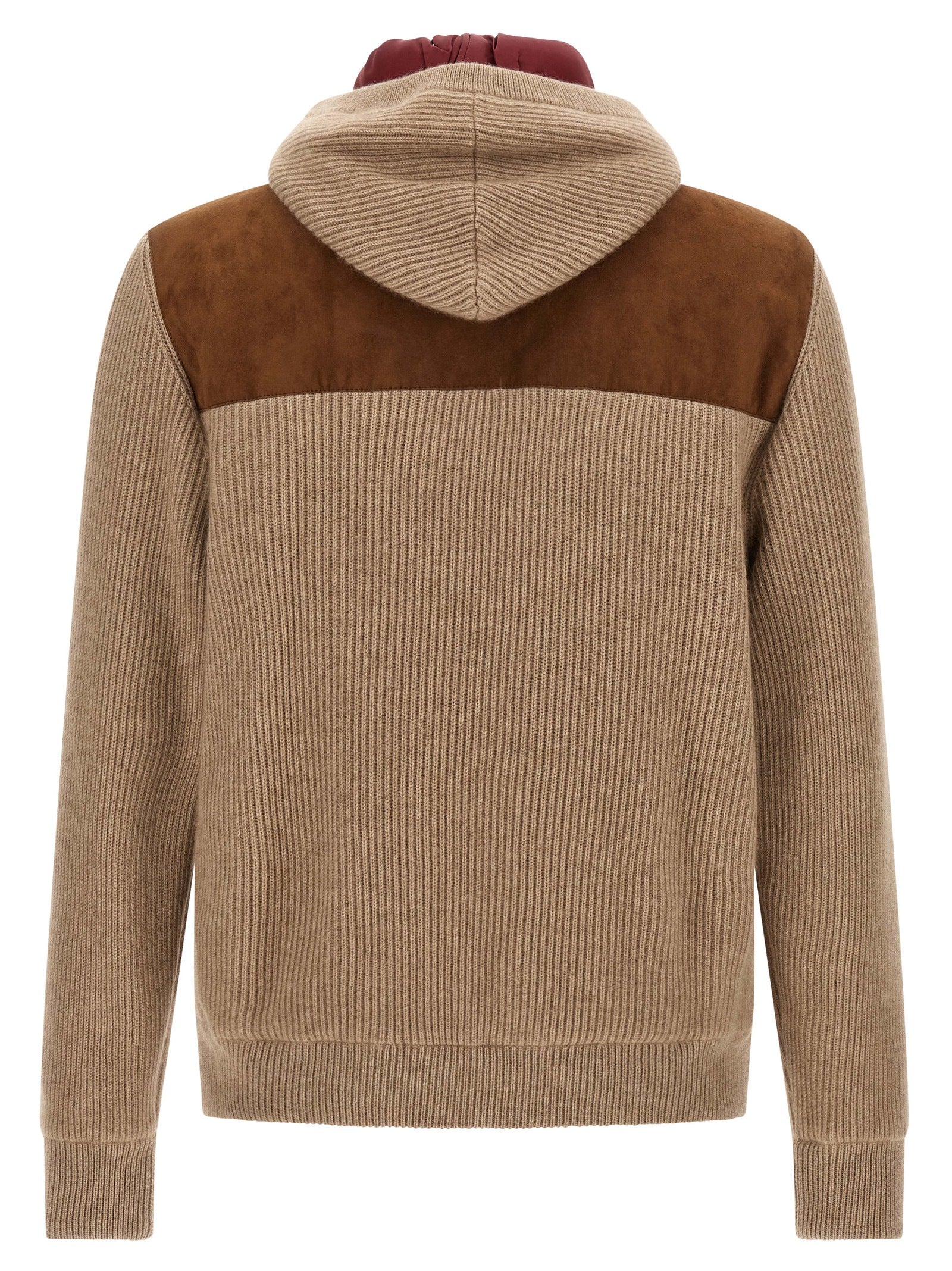 Hooded Bomber Jacket by Brunello Cucinelli for men in cashmere & suede lamb leather beige, brown & burgundy features a dramatic silhouette, showcasing a sophisticated hooded neckline and distinctive thermal, pockets & hooded for a dramatic aesthetic.