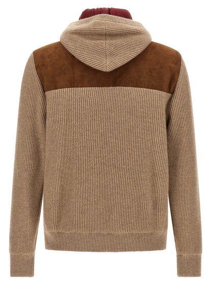 Hooded Bomber Jacket by Brunello Cucinelli for men in cashmere & suede lamb leather beige, brown & burgundy features a dramatic silhouette, showcasing a sophisticated hooded neckline and distinctive thermal, pockets & hooded for a dramatic aesthetic.