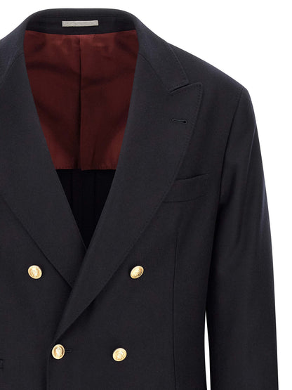 Blazer by Brunello Cucinelli for men in virgin wool burgundy, gold & navy features an sartorial silhouette, showcasing a sophisticated and sartorial for a truly sartorial finish.