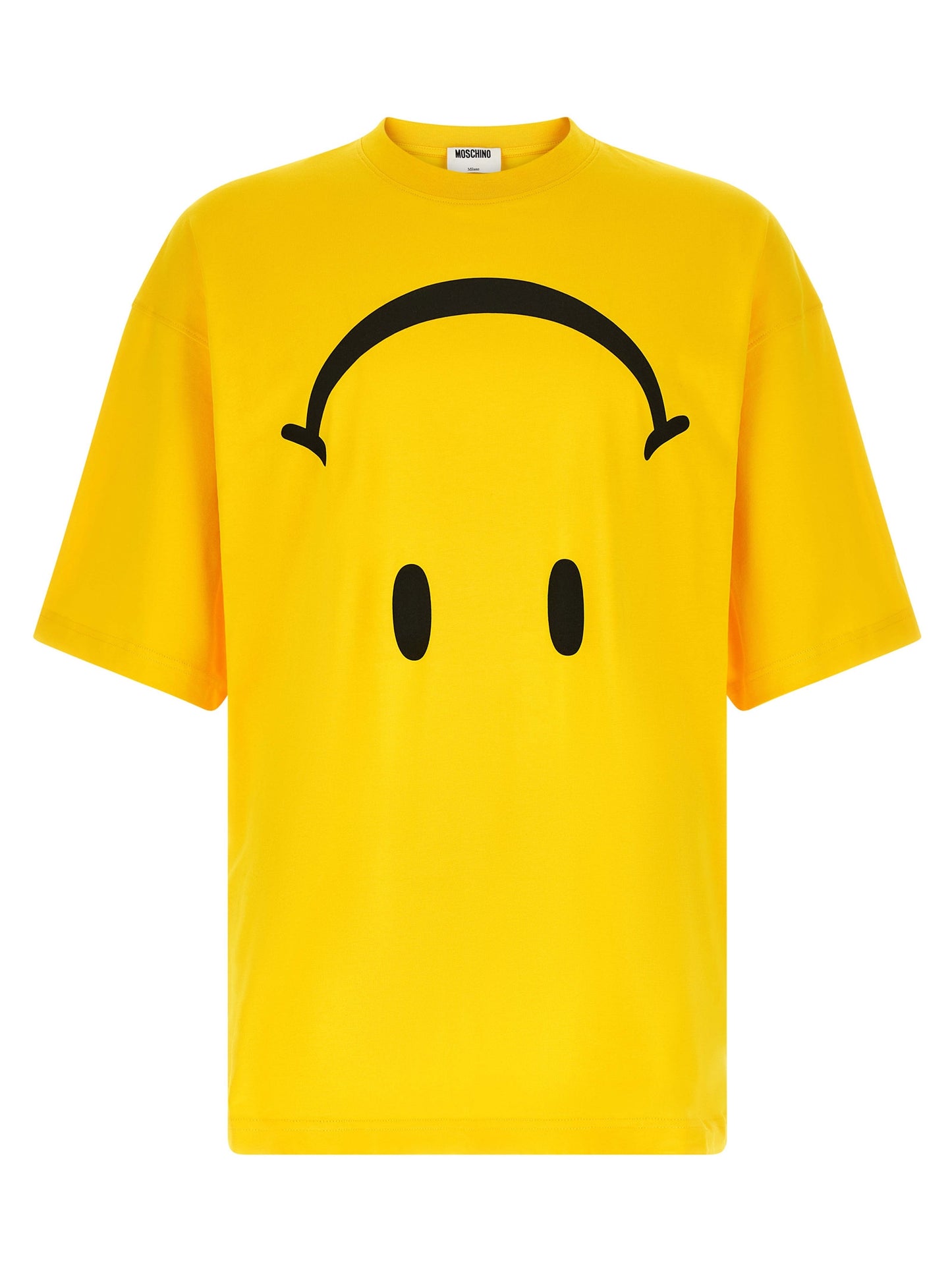 T-Shirt by Moschino for men in cotton bicolour, yellow & print showcases a fashionable silhouette, elegantly detailed with a fashionable short-sleeve and crew neckline for a sophisticated, high-fashion look.