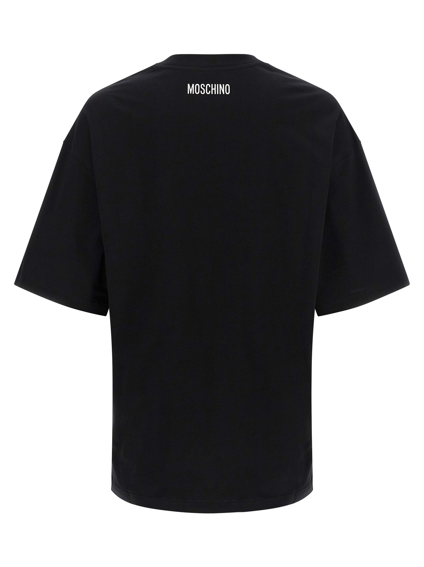 T-Shirt by Moschino for men in organic cotton bicolour & print showcases a unassuming silhouette, artfully detailed with a refined crew neckline and unassuming for a sophisticated, contemporary look.