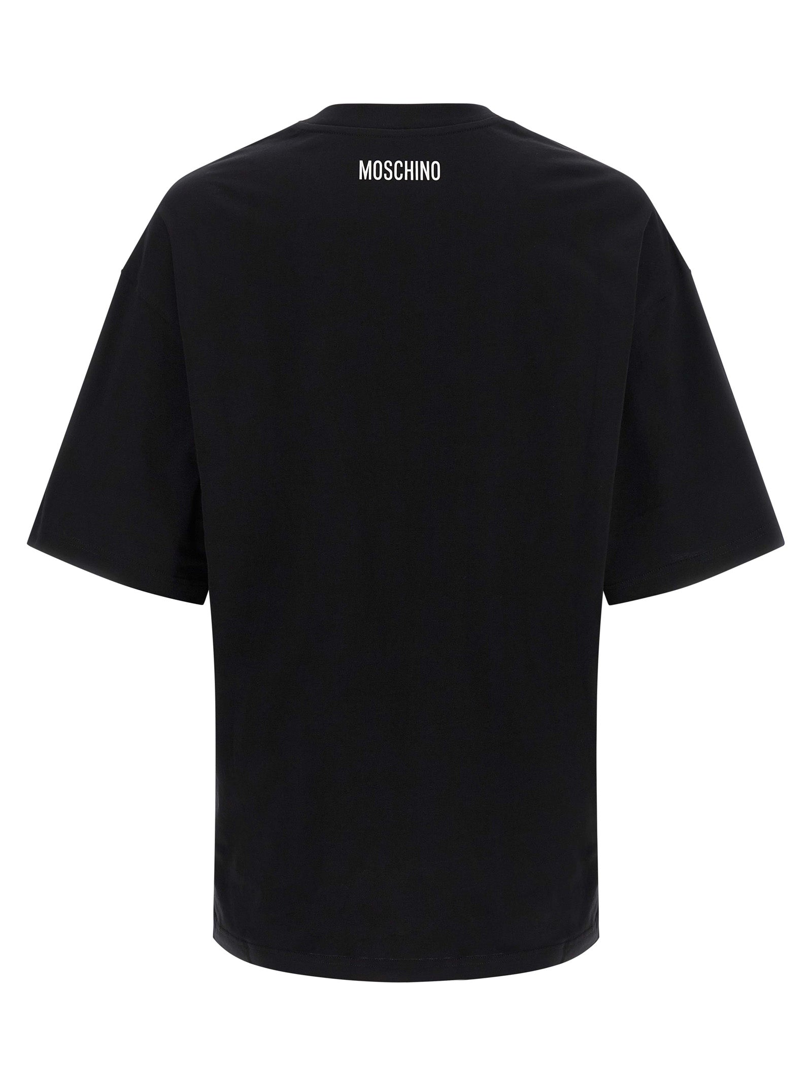 T-Shirt by Moschino for men in organic cotton bicolour & print showcases a unassuming silhouette, artfully detailed with a refined crew neckline and unassuming for a sophisticated, contemporary look.