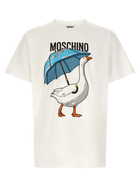 T-Shirt by Moschino for men in cotton white & print showcases a unassuming silhouette, artfully detailed with a refined crew neckline and unassuming short-sleeve for a sophisticated, contemporary look.