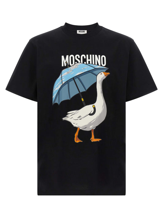 T-Shirt by Moschino for men in cotton black, blue, white, patterned & print features an edgy silhouette, meticulously detailed with a sophisticated short-sleeve and crew neckline for a truly edgy finish.