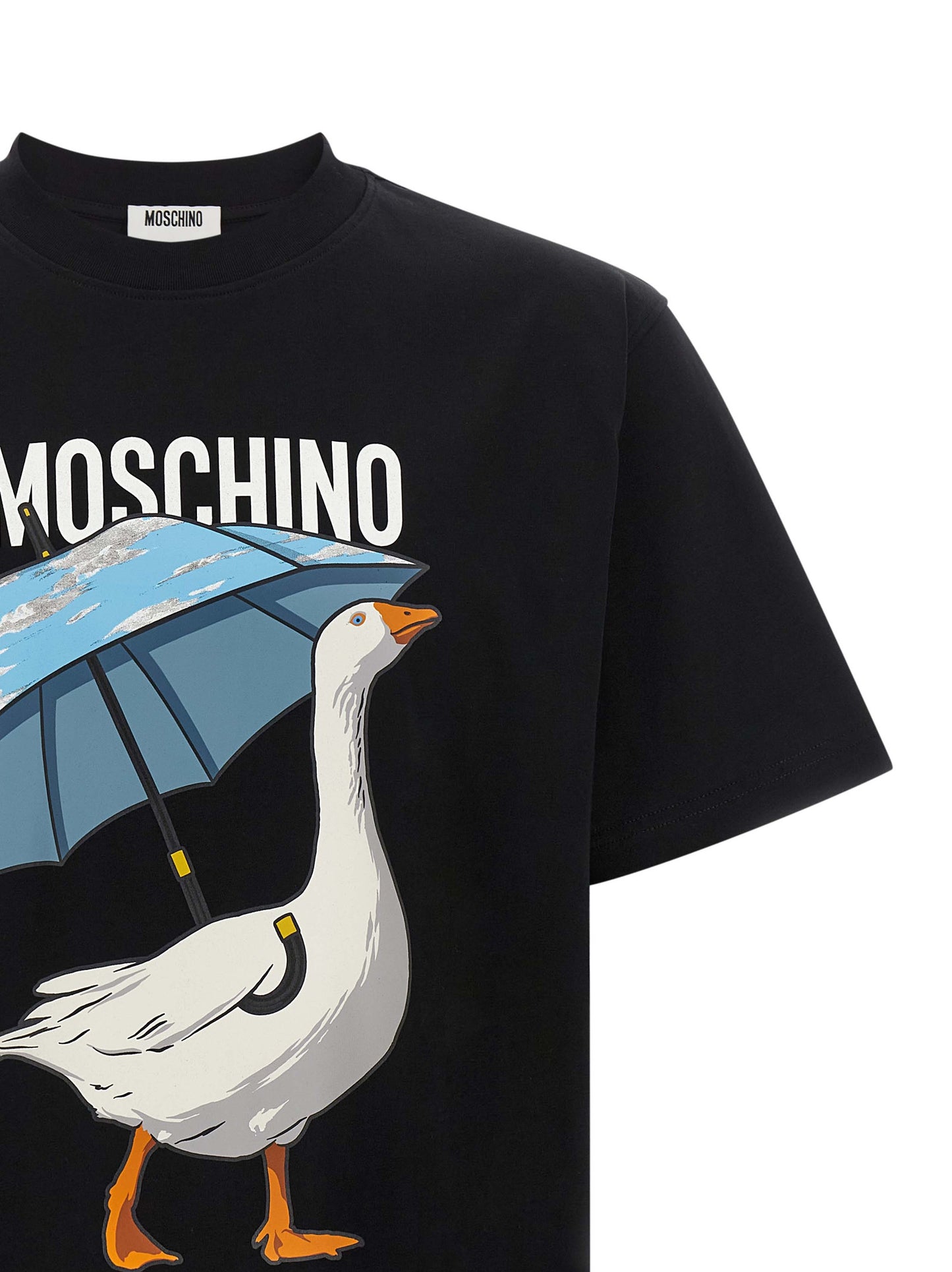 T-Shirt by Moschino for men in cotton black, blue, white, patterned & print showcases a chic silhouette, artfully detailed with a chic crew neckline and for a chic finish.