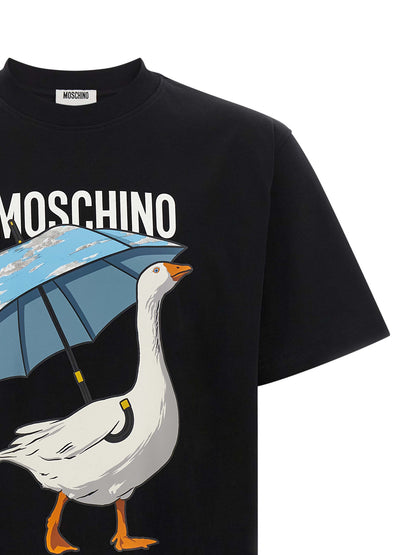 T-Shirt by Moschino for men in cotton black, blue, white, patterned & print showcases a chic silhouette, artfully detailed with a chic crew neckline and for a chic finish.