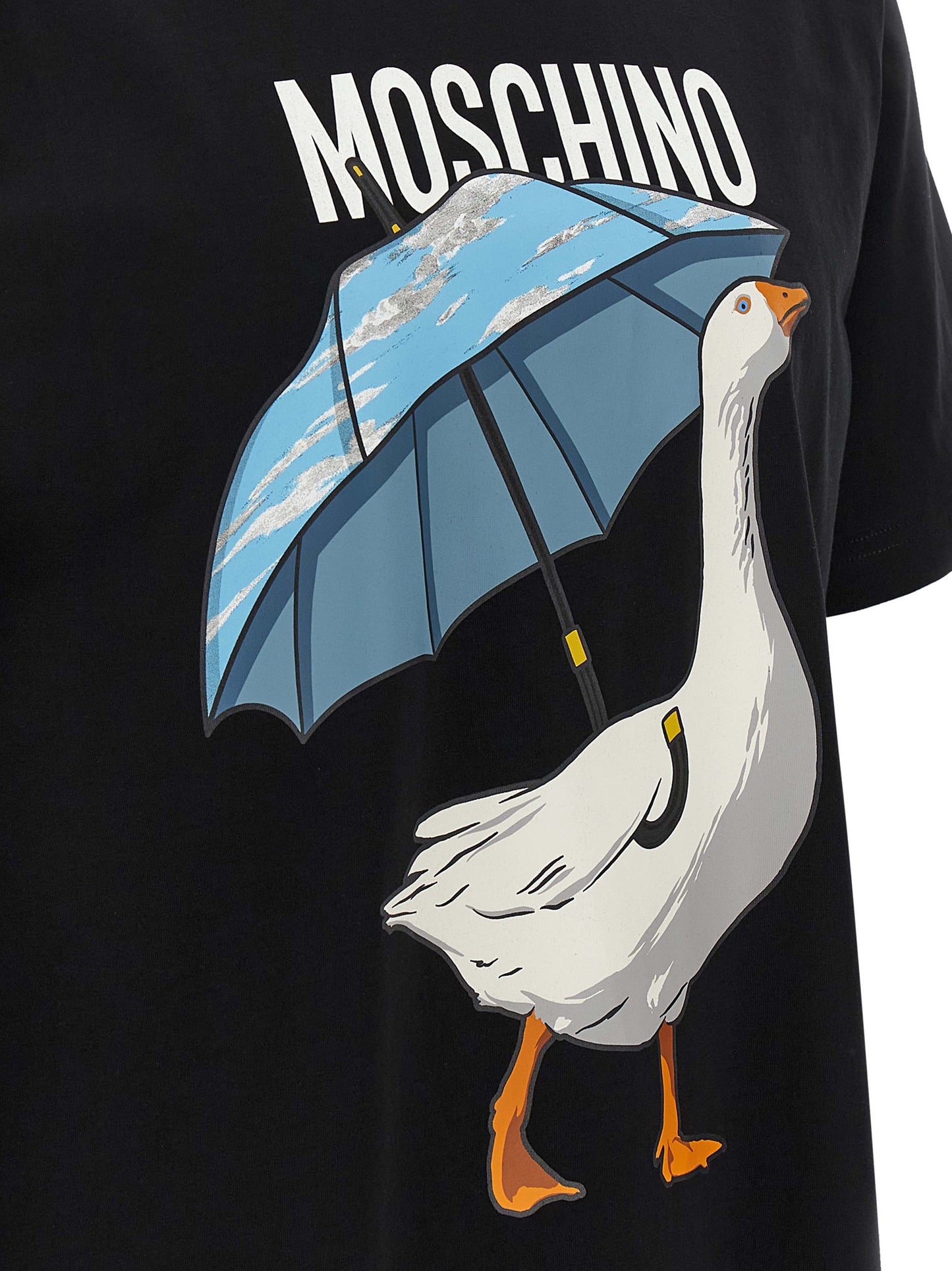 T-Shirt by Moschino for men in cotton black, blue, white, patterned & print showcases a dramatic silhouette, elegantly detailed with a dramatic and for a truly dramatic finish.