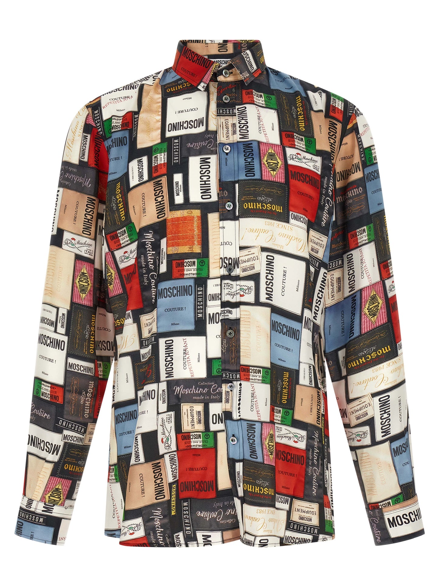 Shirt by Moschino for men in silk multicolor, patterned, print & patchwork features an polished silhouette, showcasing a sophisticated and long-sleeve detail for a truly polished finish.