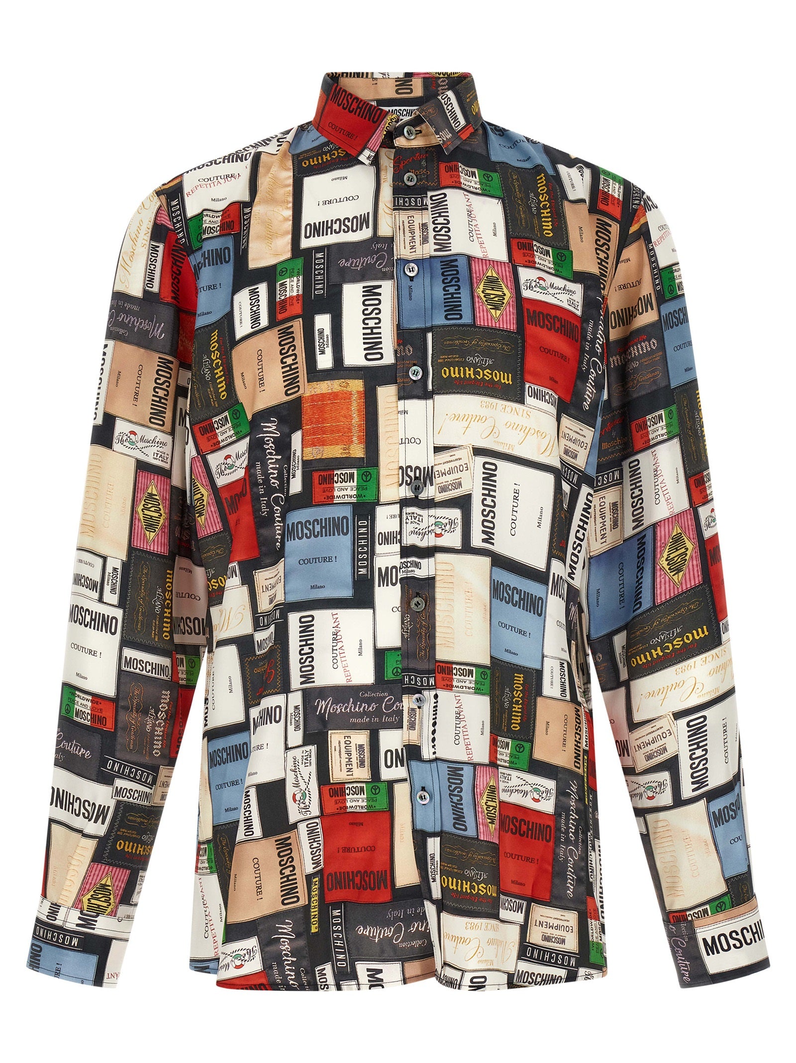 Shirt by Moschino for men in silk multicolor, patterned, print & patchwork features an polished silhouette, showcasing a sophisticated and long-sleeve detail for a truly polished finish.