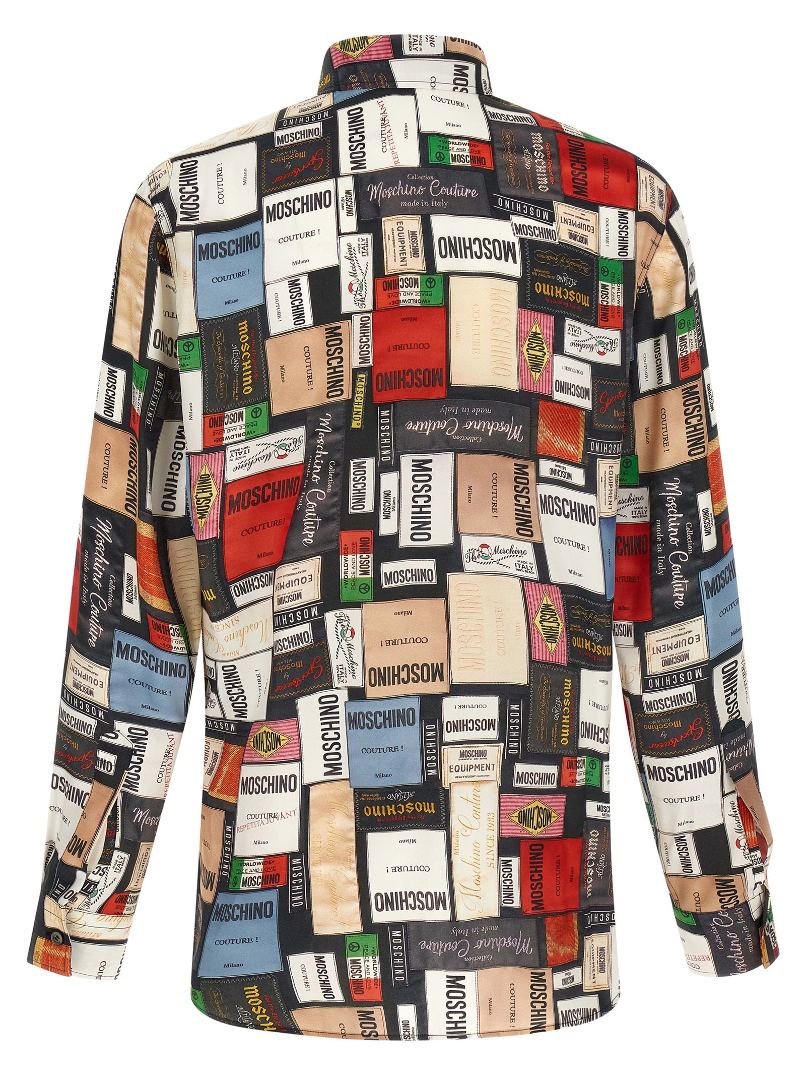 Shirt by Moschino for men in silk multicolor, patterned, print & patchwork showcases a sharp silhouette, elegantly detailed with a sharp and sharp .