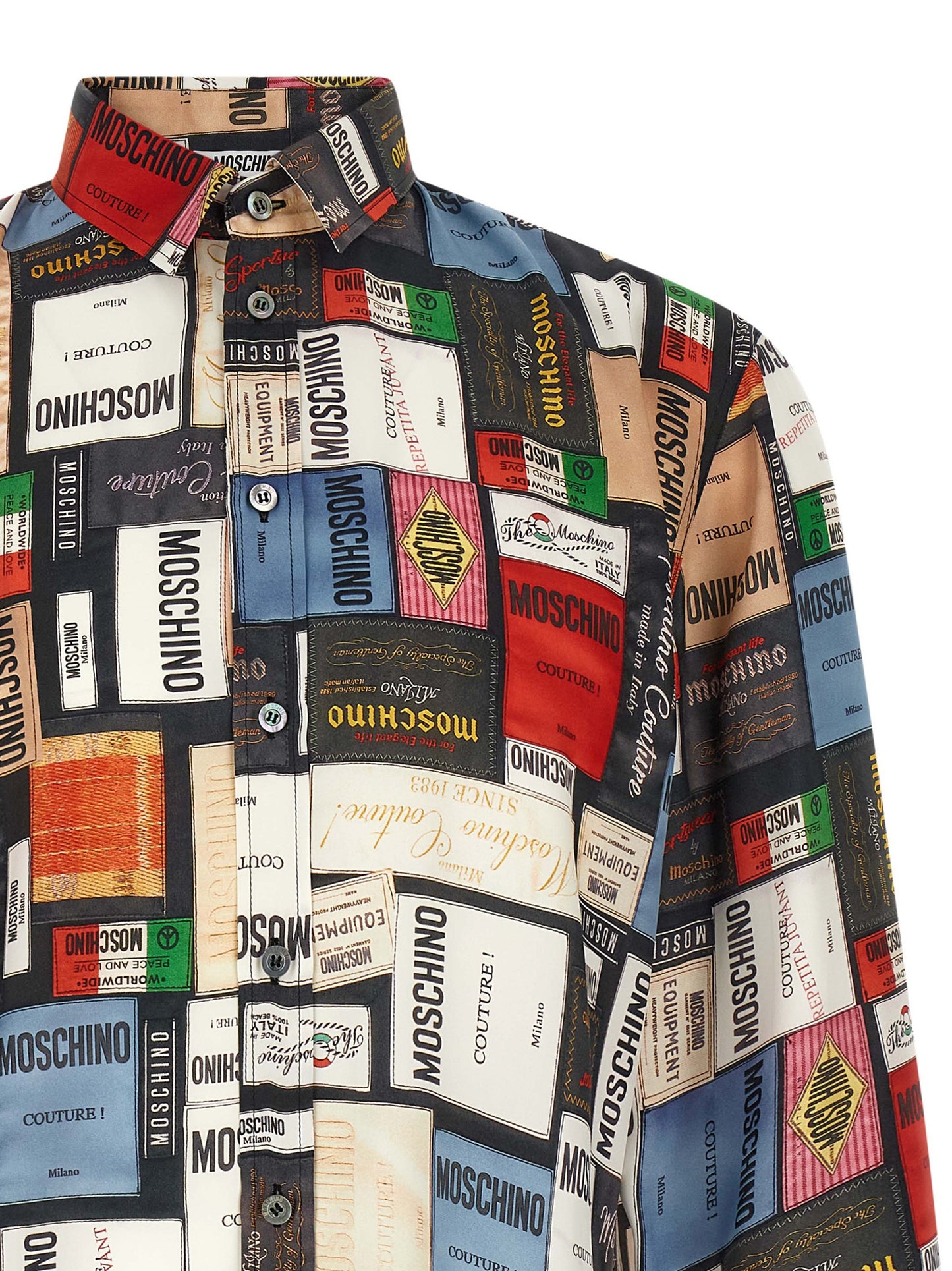 Shirt by Moschino for men in silk multicolor, patterned, print & patchwork features an architectural silhouette with a refined and elegant for a architectural look.