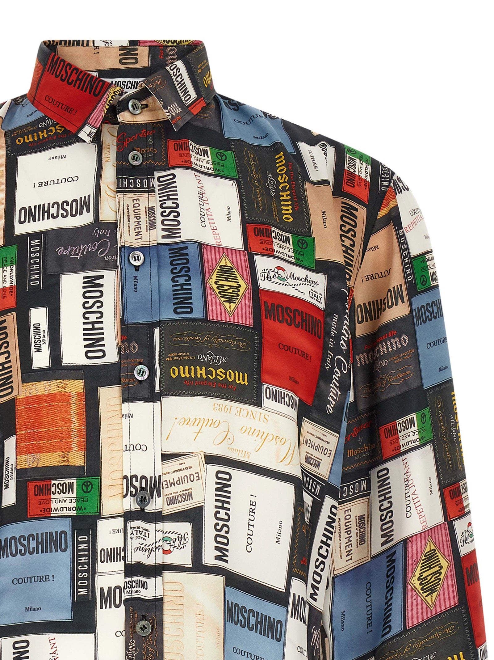 Shirt by Moschino for men in silk multicolor, patterned, print & patchwork features an architectural silhouette with a refined and elegant for a architectural look.
