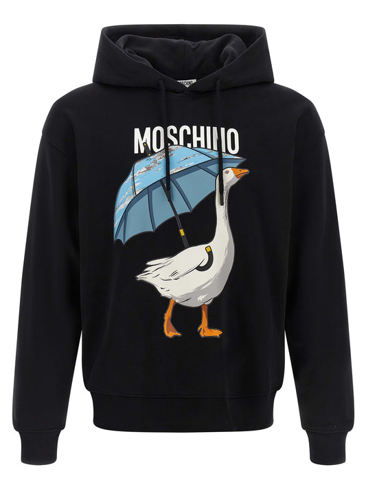 Sweatshirt Hoodie by Moschino for men in cotton black & print features an dramatic silhouette, showcasing a sophisticated hooded neckline and dramatic long-sleeve for a refined, modern aesthetic.