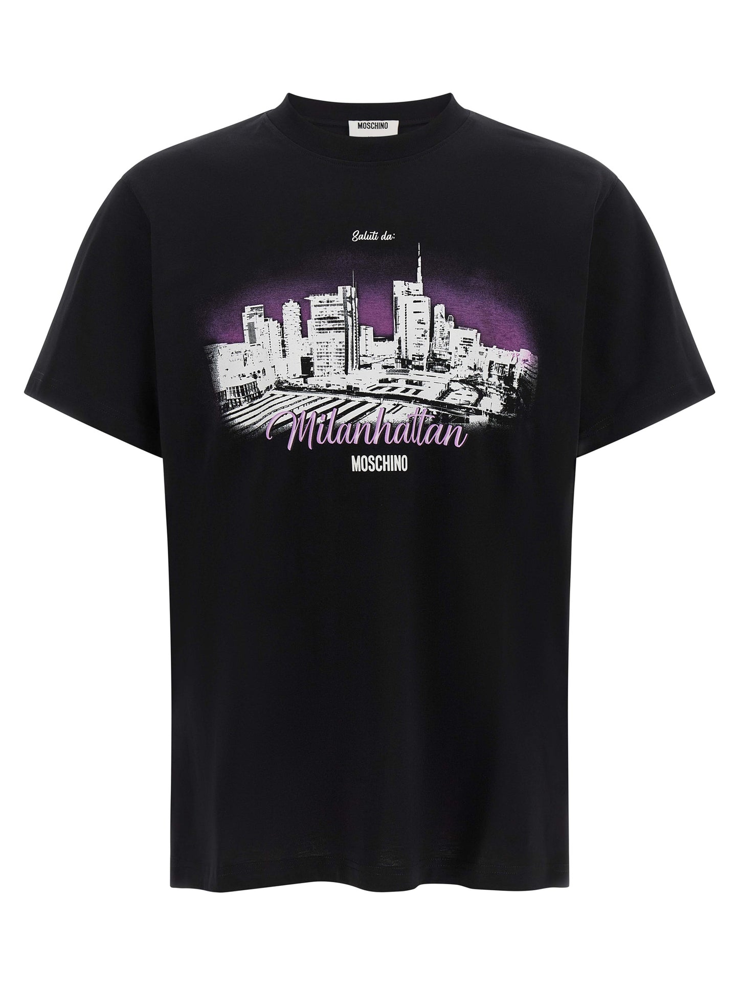 T-Shirt by Moschino for men in cotton black, purple, patterned & print features a plush silhouette, showcasing a sophisticated round neckline and short-sleeve for a truly plush finish.