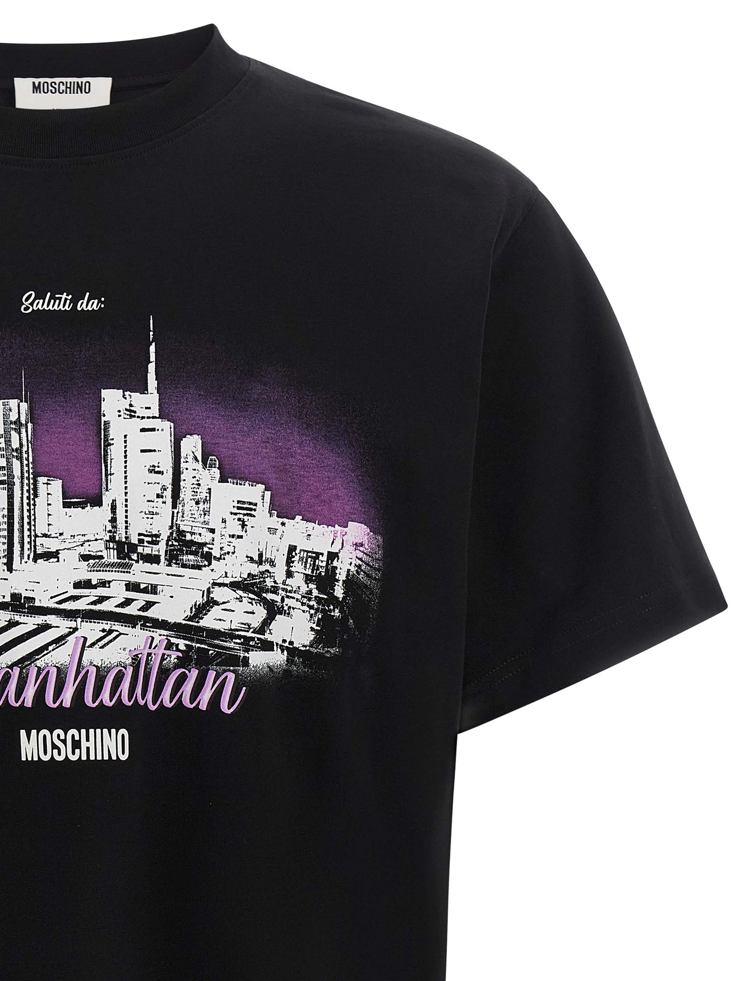 T-Shirt by Moschino for men in cotton black, purple, patterned & print features an on trend silhouette, perfectly showcasing a on trend and round neckline for an elevated aesthetic.