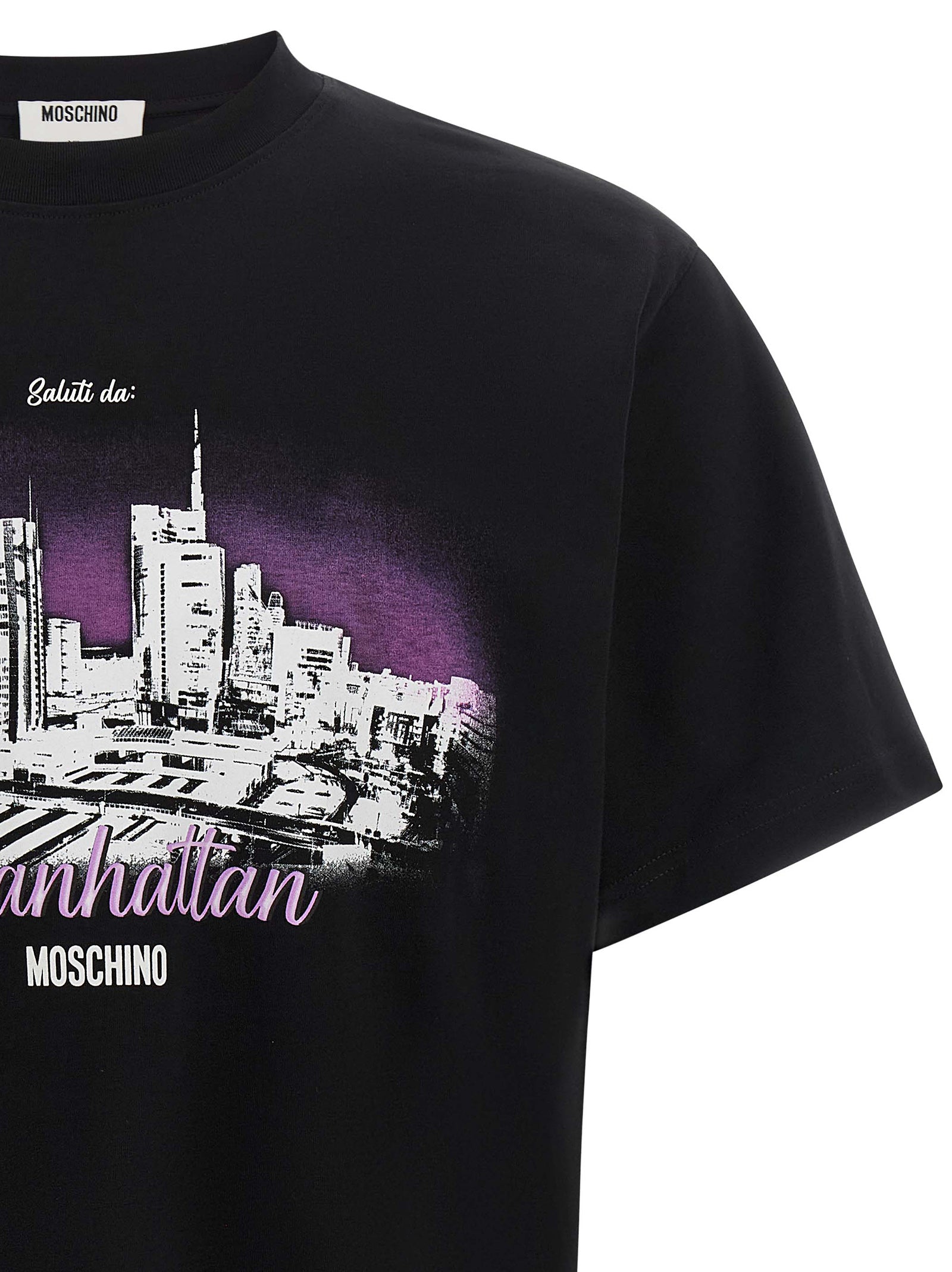 T-Shirt by Moschino for men in cotton black, purple, patterned & print features an on trend silhouette, perfectly showcasing a on trend and round neckline for an elevated aesthetic.