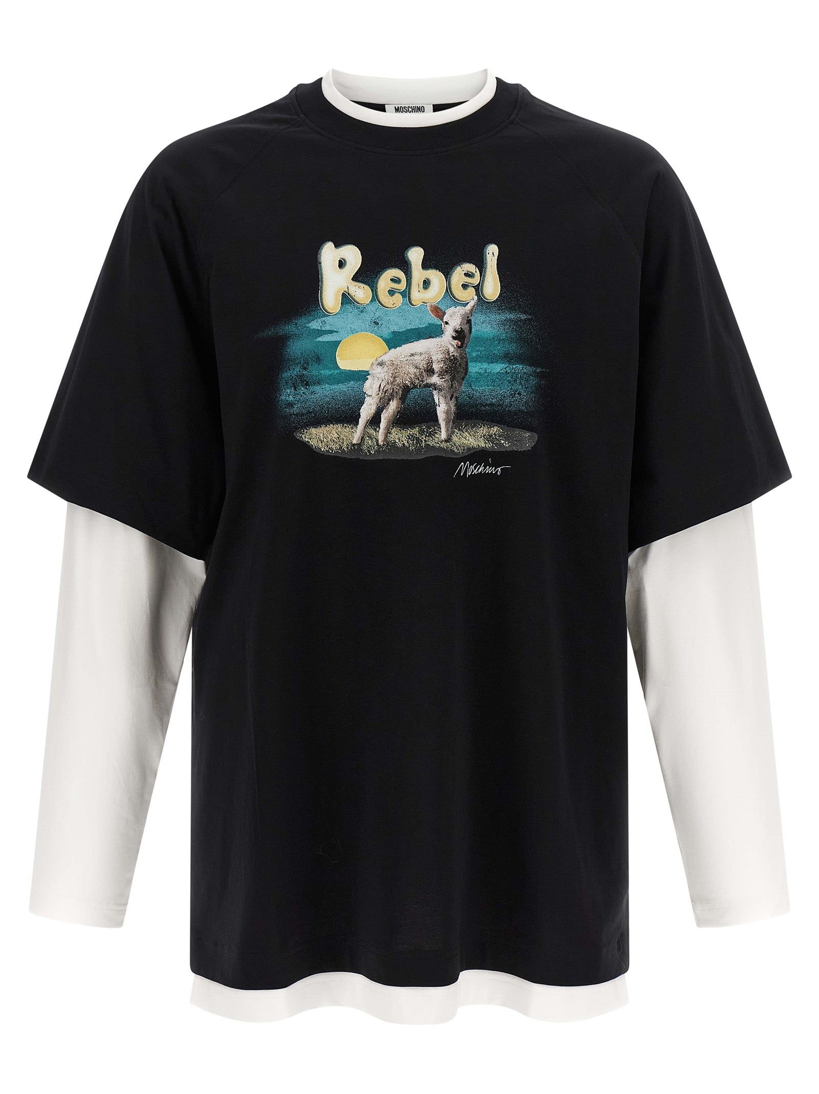 T-Shirt by Moschino for men in cotton multicolor, signature & print showcases a unassuming silhouette, artfully detailed with a refined crew neckline and unassuming long-sleeve for a sophisticated, contemporary look.