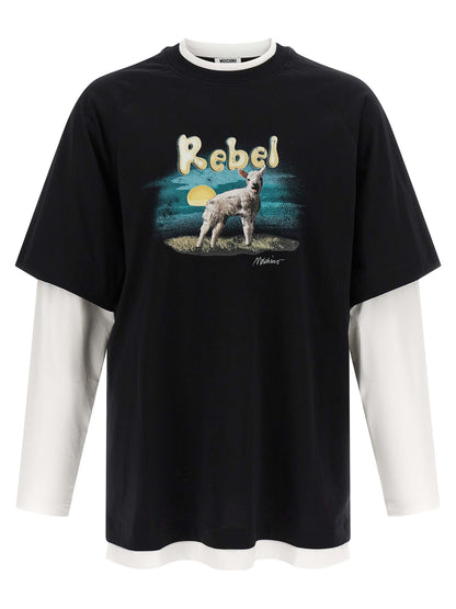 T-Shirt by Moschino for men in cotton multicolor, signature & print showcases a unassuming silhouette, artfully detailed with a refined crew neckline and unassuming long-sleeve for a sophisticated, contemporary look.