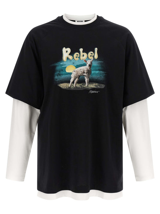 T-Shirt by Moschino for men in cotton multicolor, signature & print showcases a unassuming silhouette, artfully detailed with a refined crew neckline and unassuming long-sleeve for a sophisticated, contemporary look.