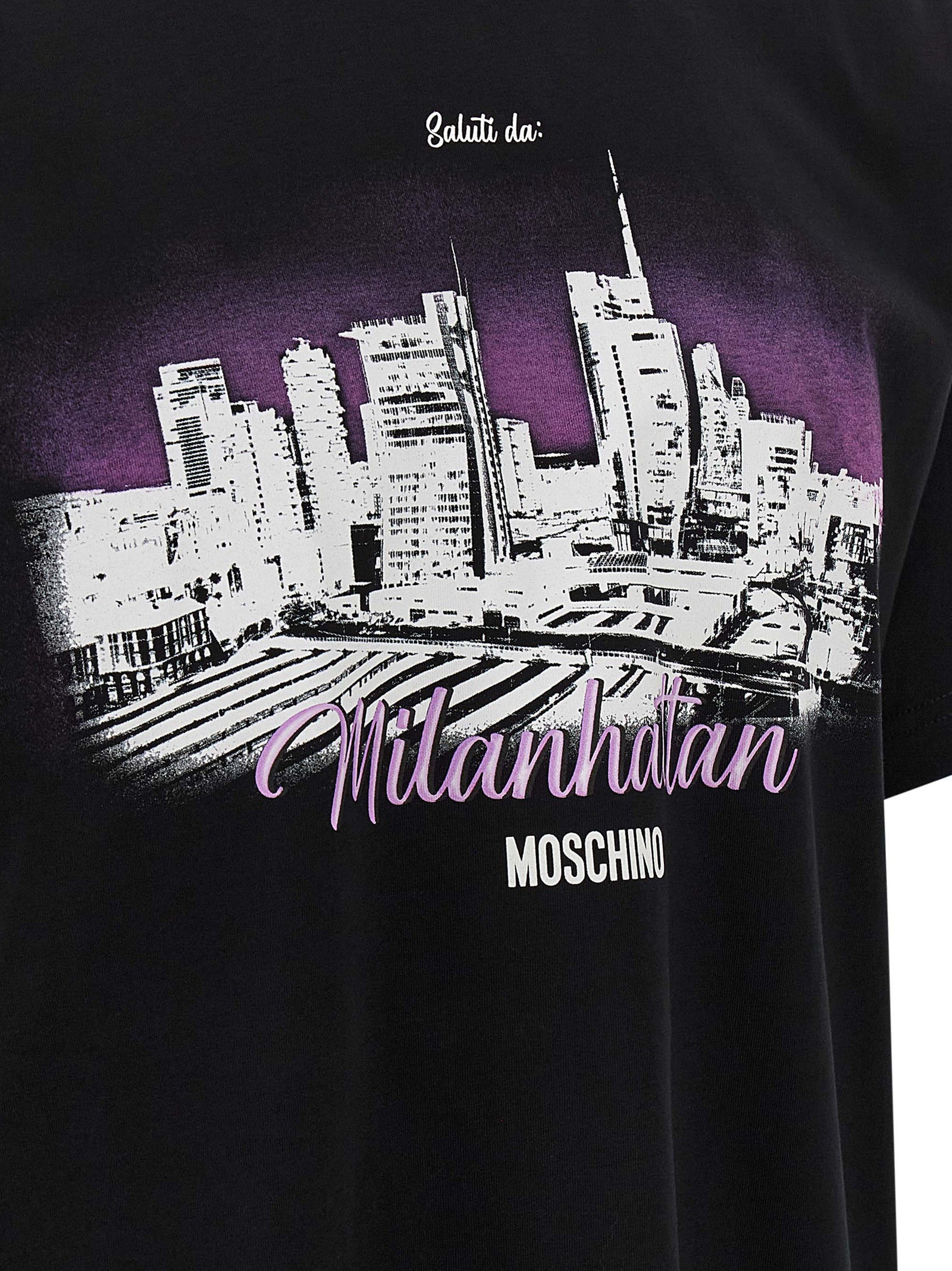 T-Shirt by Moschino for men in cotton black, purple, patterned & print showcases a dramatic silhouette, elegantly detailed with a dramatic and for a truly dramatic finish.