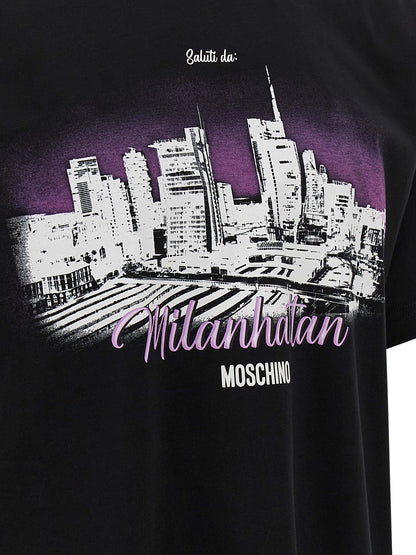 T-Shirt by Moschino for men in cotton black, purple, patterned & print showcases a dramatic silhouette, elegantly detailed with a dramatic and for a truly dramatic finish.