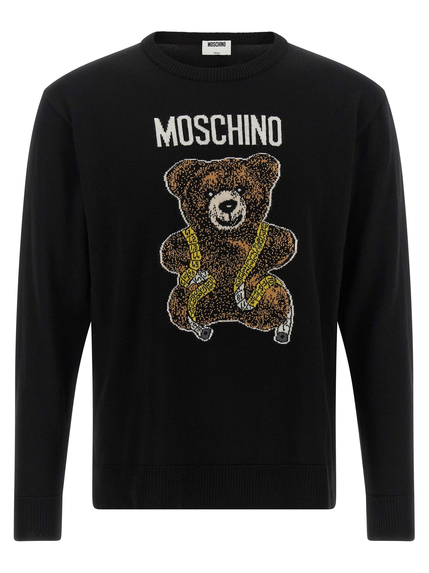 Cardigan by Moschino for men in virgin wool black, white & yellow showcases a captivating silhouette, artfully detailed with a captivating long-sleeve and crew neckline for a truly sophisticated captivating look.