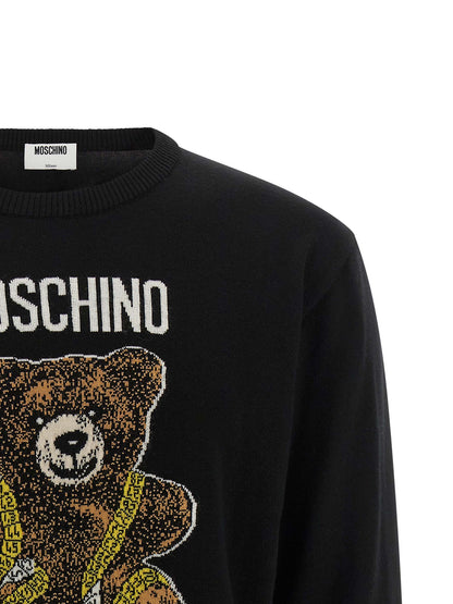 Cardigan by Moschino for men in virgin wool black, white & yellow showcases a luxurious silhouette, meticulously detailed with a sophisticated crew neckline and for a refined finish.
