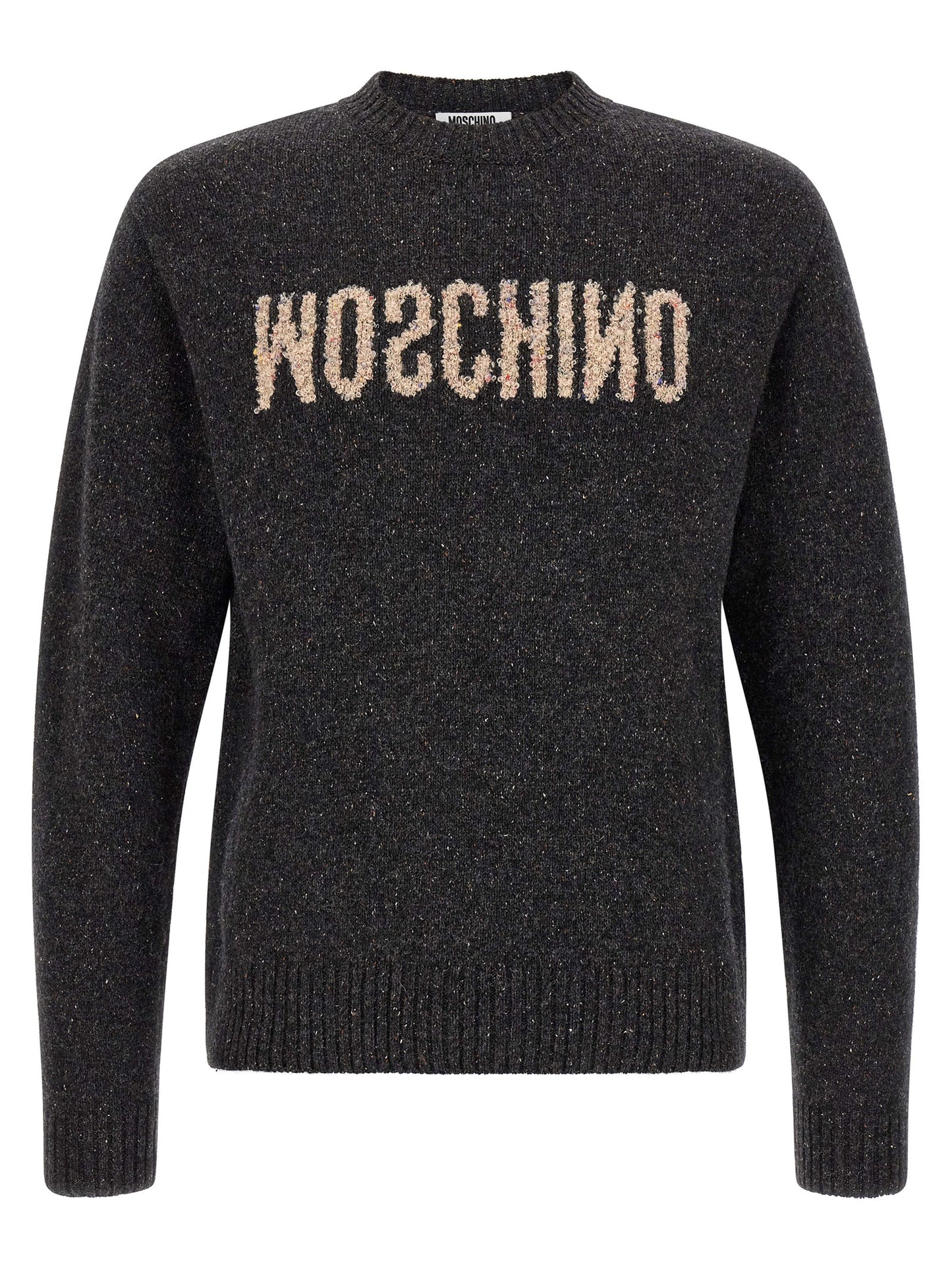 Cardigan by Moschino for men in wool & silk gray features a nuanced silhouette with a refined crew neckline and nuanced long-sleeve detailing for a sophisticated look.