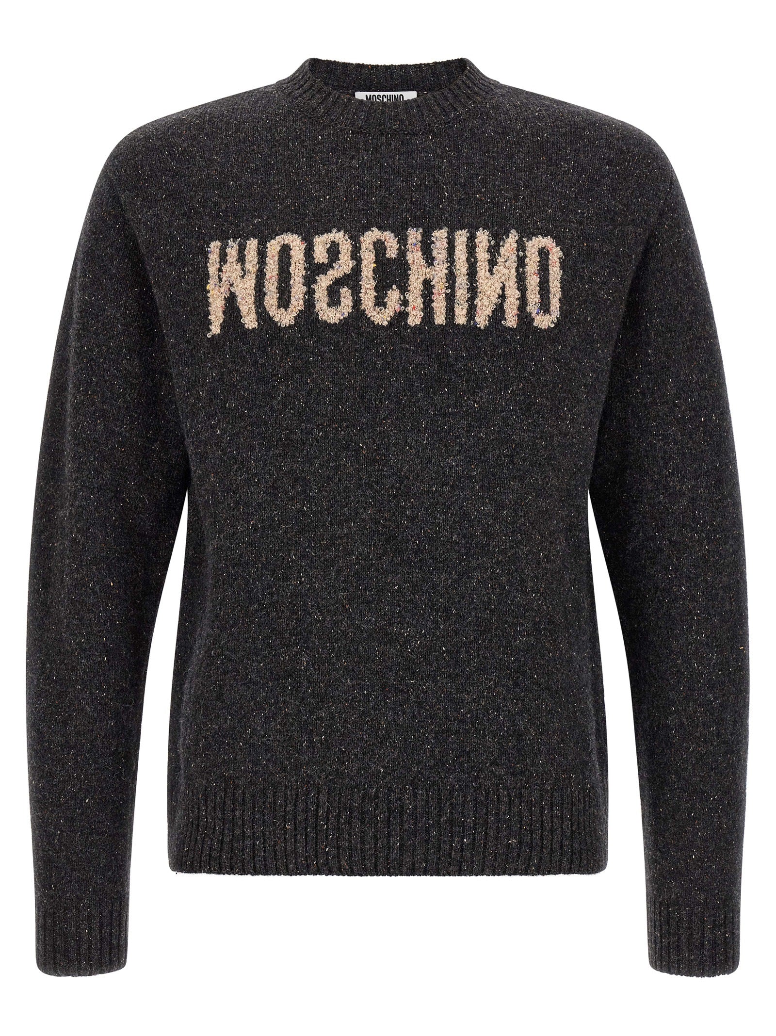 Cardigan by Moschino for men in wool & silk gray features a nuanced silhouette with a refined crew neckline and nuanced long-sleeve detailing for a sophisticated look.