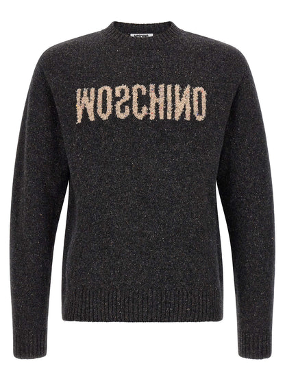 Cardigan by Moschino for men in wool & silk gray features a nuanced silhouette with a refined crew neckline and nuanced long-sleeve detailing for a sophisticated look.
