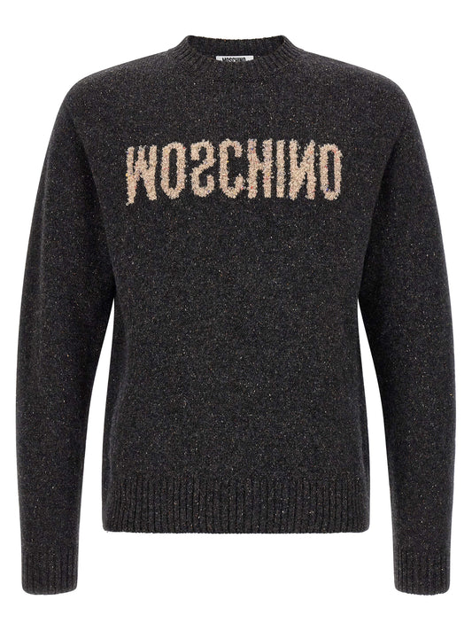 Cardigan by Moschino for men in wool & silk gray features a nuanced silhouette with a refined crew neckline and nuanced long-sleeve detailing for a sophisticated look.
