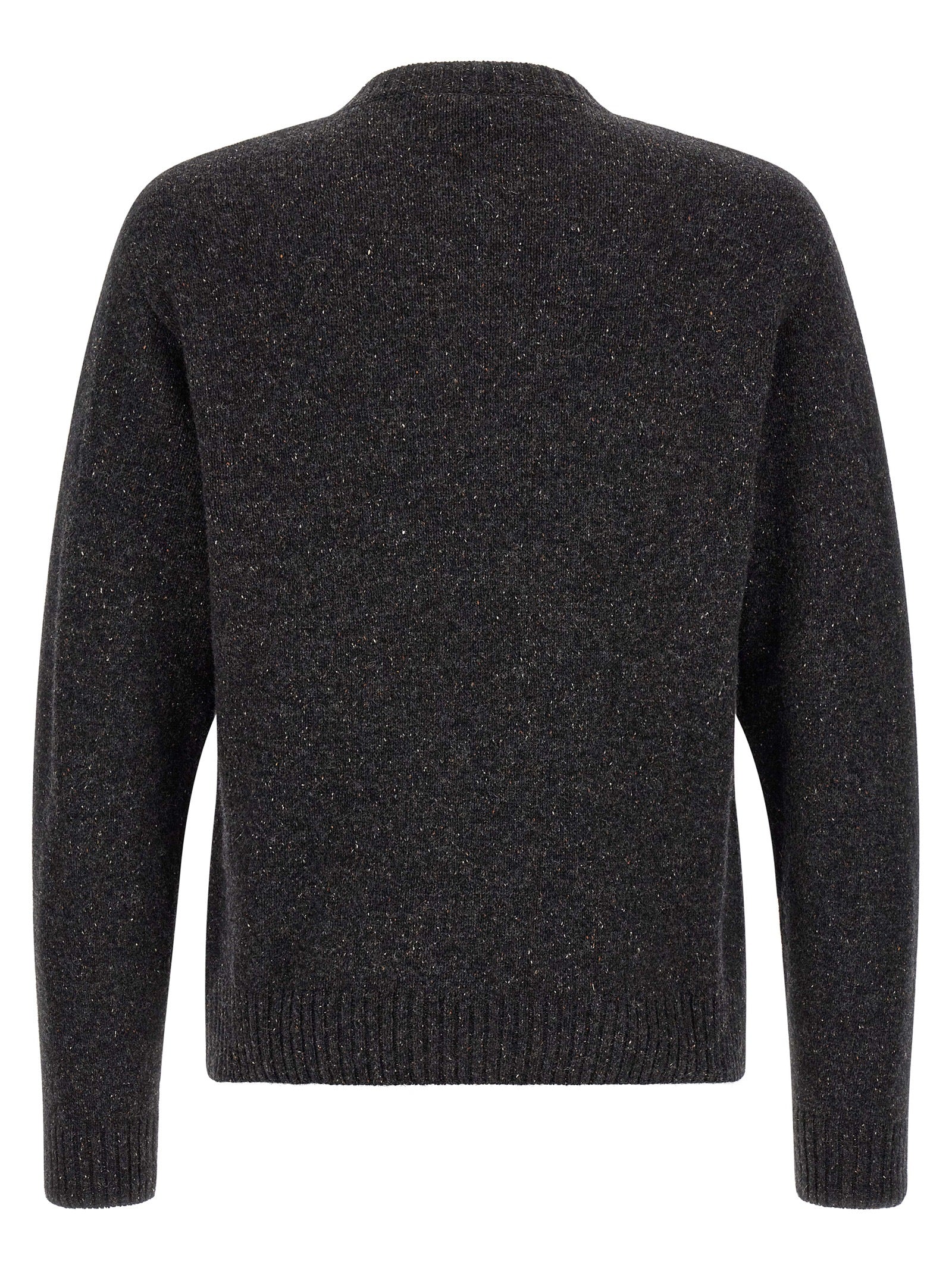 Cardigan by Moschino for men in wool & silk gray features a dramatic silhouette, showcasing a sophisticated crew neckline and dramatic detail for a timeless, premium look.