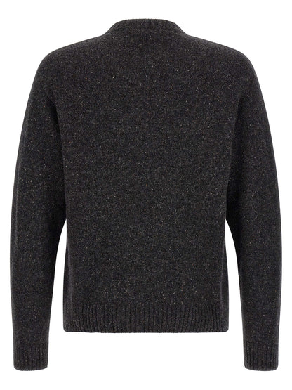 Cardigan by Moschino for men in wool & silk gray features a dramatic silhouette, showcasing a sophisticated crew neckline and dramatic detail for a timeless, premium look.
