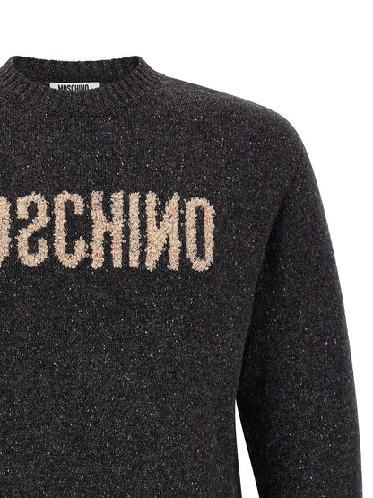 Cardigan by Moschino for men in wool & silk gray features an crisp silhouette, showcasing a sophisticated crew neckline and detail for a truly crisp finish.
