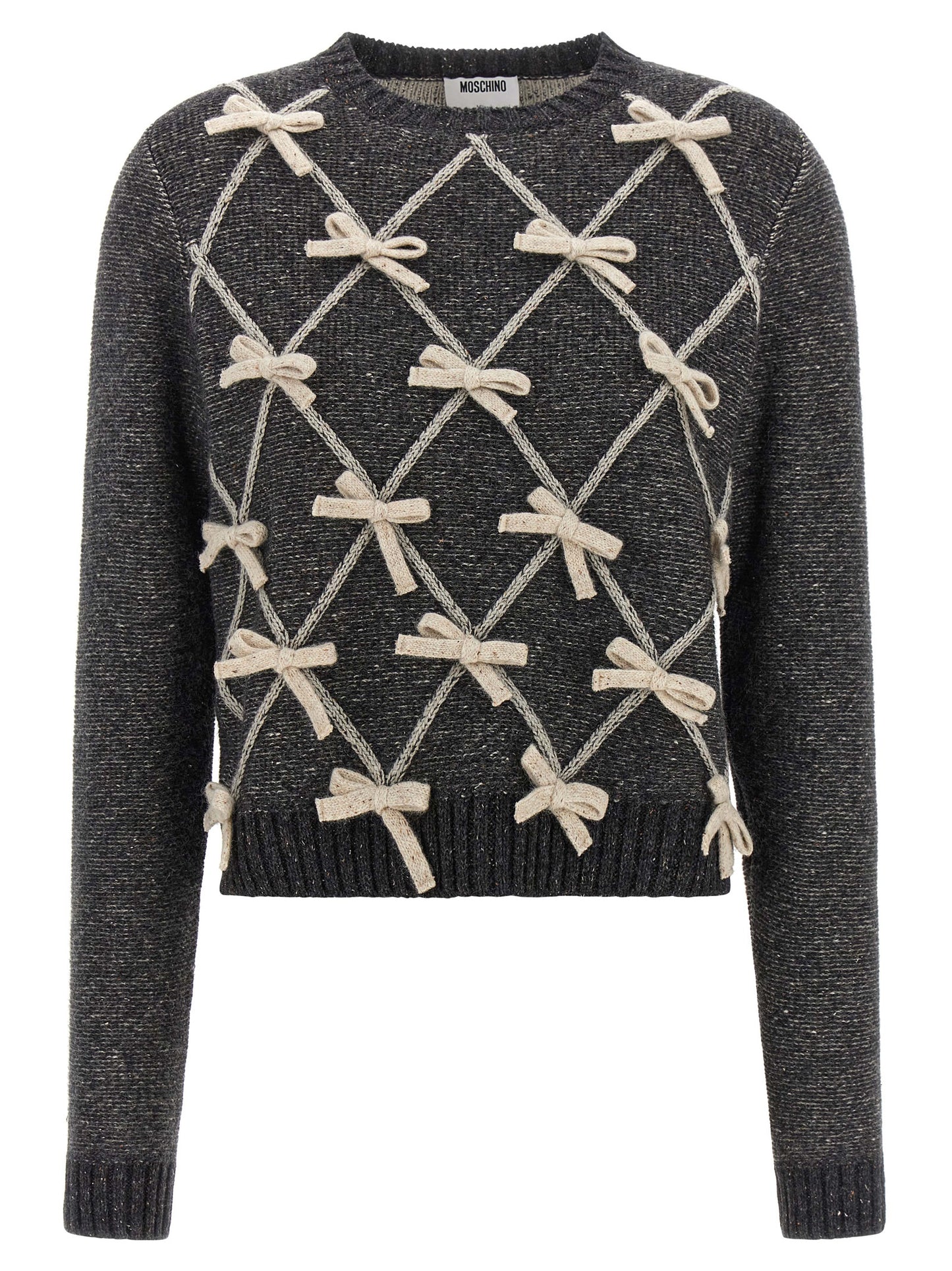 Cardigan by Moschino for women in wool & silk gray & patterned features a nuanced silhouette with a refined crew neckline and nuanced long-sleeve detailing for a sophisticated look.