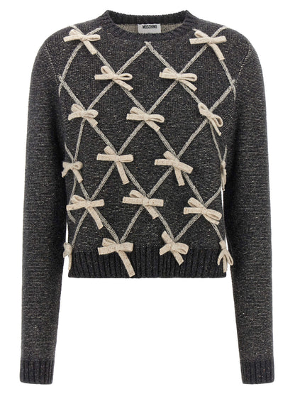 Cardigan by Moschino for women in wool & silk gray & patterned features a nuanced silhouette with a refined crew neckline and nuanced long-sleeve detailing for a sophisticated look.