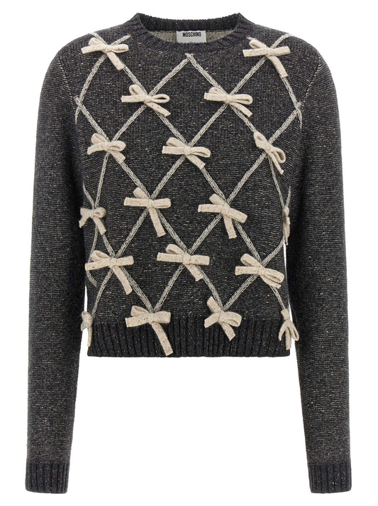Cardigan by Moschino for women in wool & silk gray & patterned features a nuanced silhouette with a refined crew neckline and nuanced long-sleeve detailing for a sophisticated look.