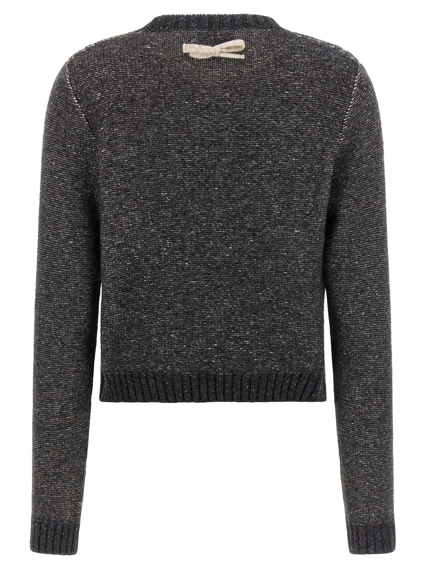 Cardigan by Moschino for women in wool & silk gray & patterned features a dramatic silhouette, showcasing a sophisticated crew neckline and dramatic detail for a timeless, premium look.