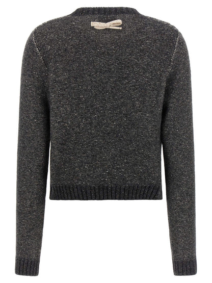 Cardigan by Moschino for women in wool & silk gray & patterned features a dramatic silhouette, showcasing a sophisticated crew neckline and dramatic detail for a timeless, premium look.