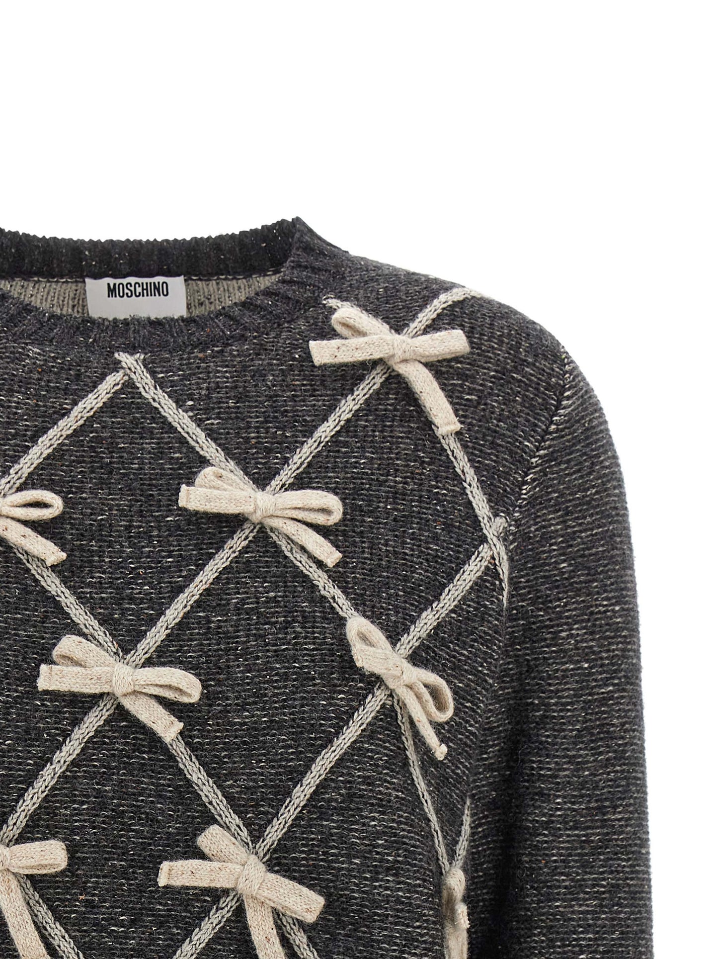 Cardigan by Moschino for women in wool & silk gray & patterned showcases a luxurious silhouette, meticulously detailed with a sophisticated crew neckline and for a refined finish.
