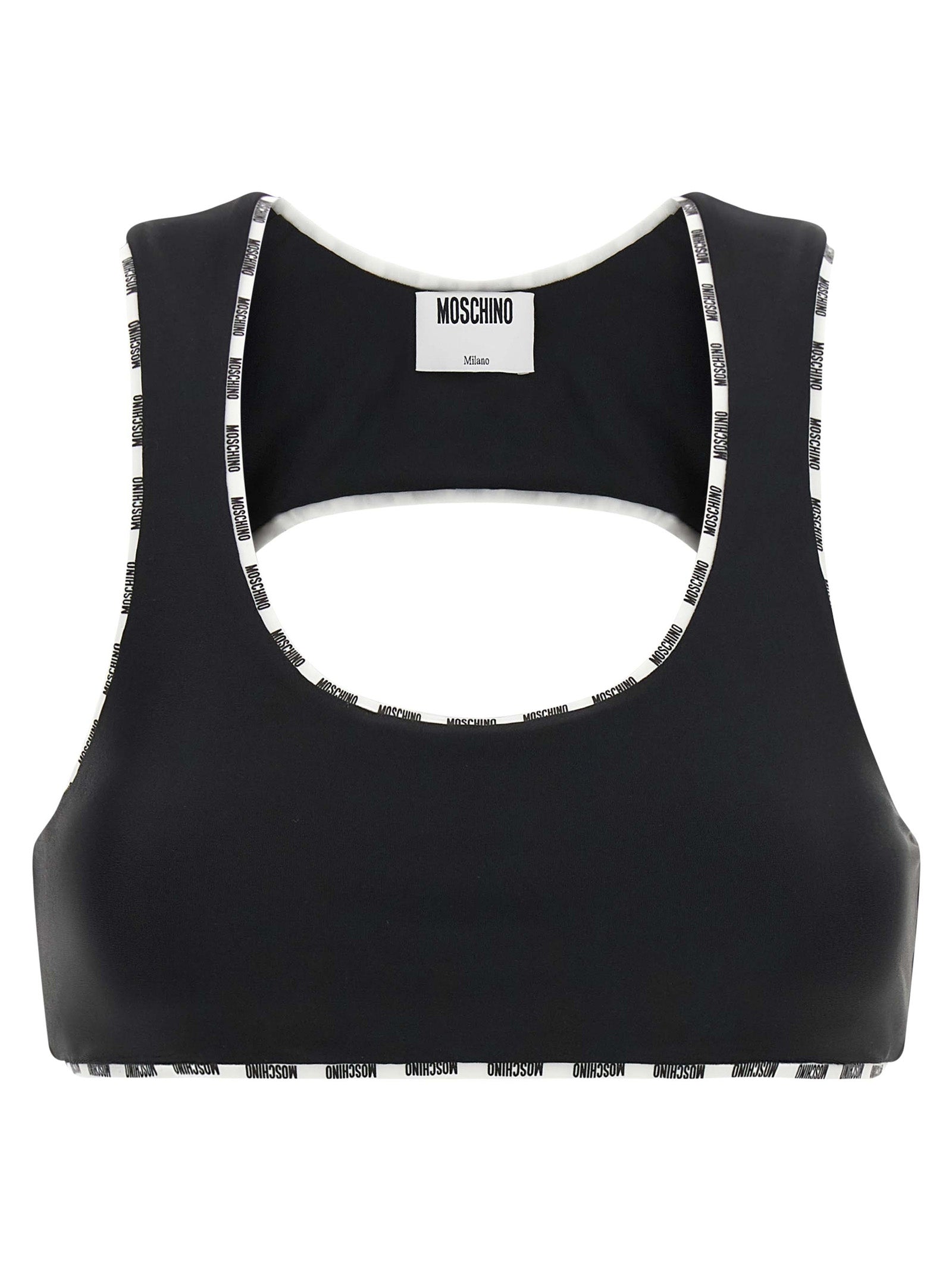 This Sport Bra by Moschino for women in polyamide bicolour & black features a sporty silhouette from the Ribbon Women's Slim Polyamide Sport Bra collection, showcasing a sporty design that emphasizes both form and function.