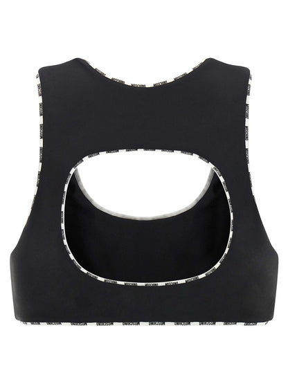 Sport Bra by Moschino for women in polyamide bicolour & black features a athletic silhouette, showcasing the Ribbon Women's Slim Polyamide Sport Bra design with a athletic fit.