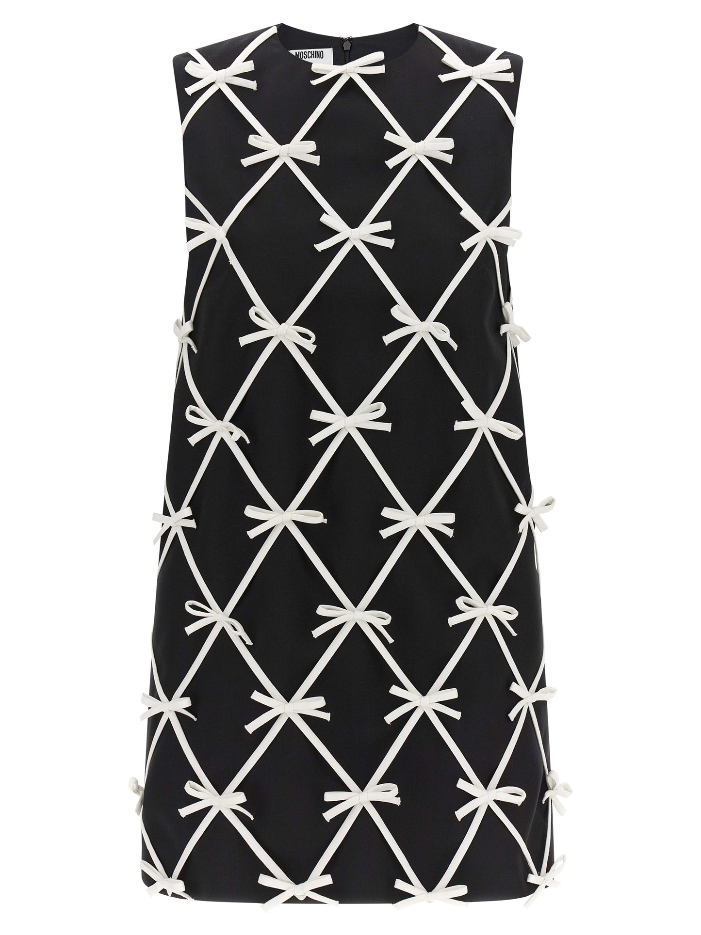 Dress by Moschino for women in virgin wool bicolour & patterned features an cute silhouette, detailed with a sleeveless and round neckline that elegantly flows into a cute short mini.