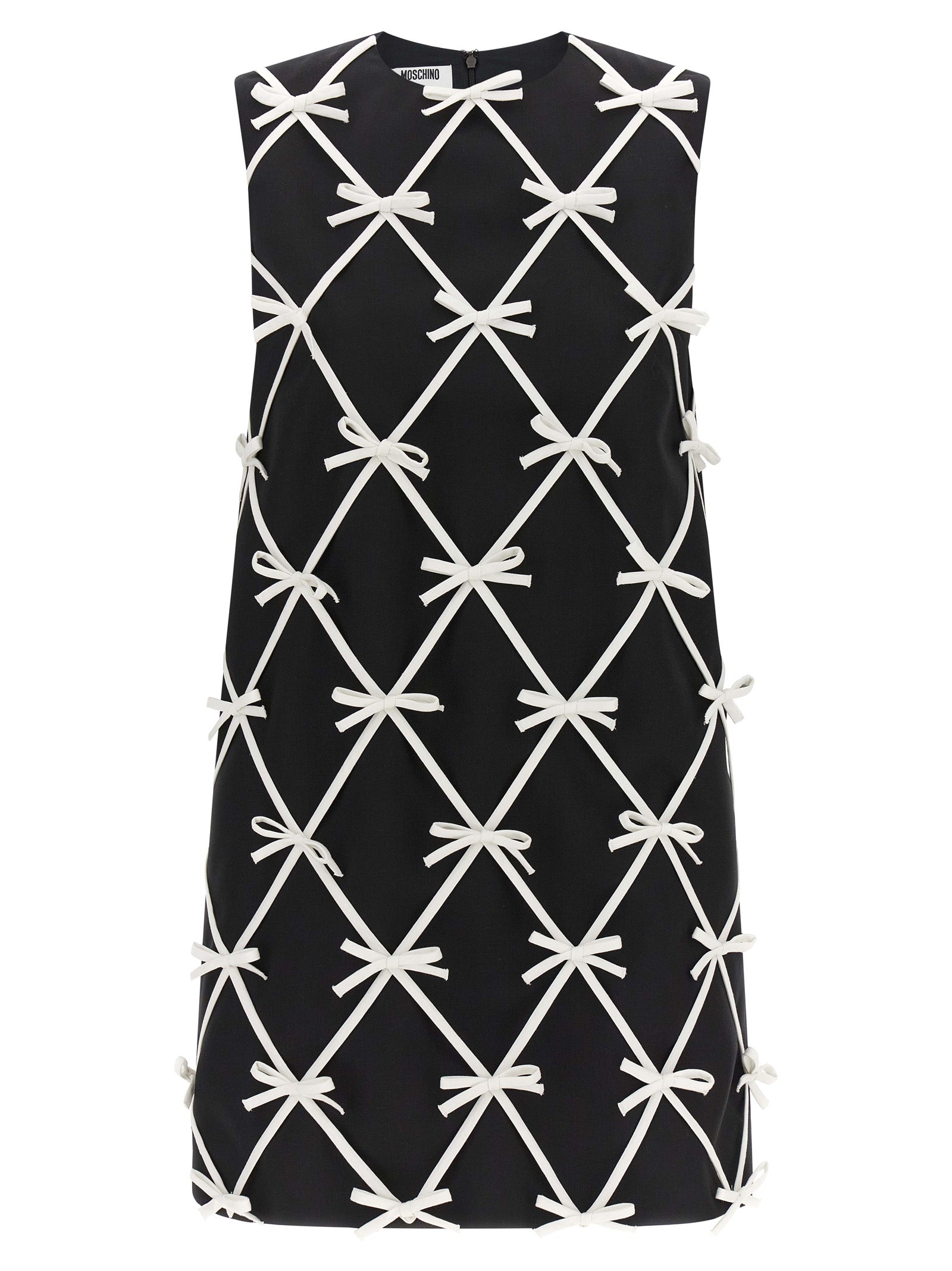 Dress by Moschino for women in virgin wool bicolour & patterned features an cute silhouette, detailed with a sleeveless and round neckline that elegantly flows into a cute short mini.
