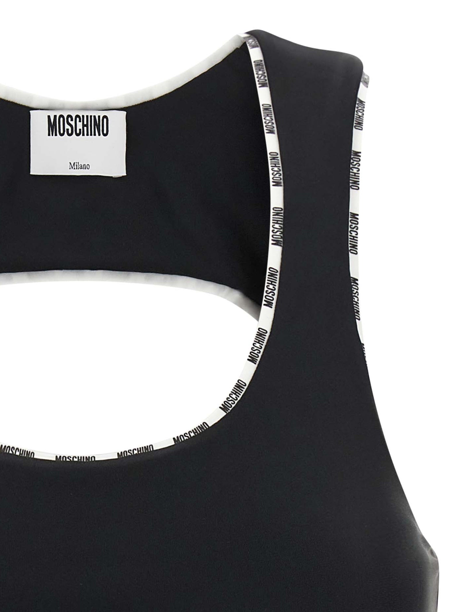 Sport Bra by Moschino for women in polyamide bicolour & black features an ergonomic silhouette, showcasing the ergonomic design of the Ribbon Women's Slim Polyamide Sport Bra with a ergonomic fit.